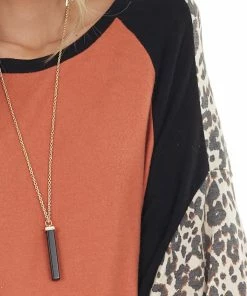 First Love Rust Leopard Print Colorblock Long Sleeve Loose Fit Top