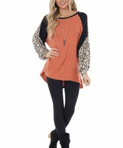 First Love Rust Leopard Print Colorblock Long Sleeve Loose Fit Top
