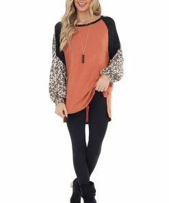 First Love Rust Leopard Print Colorblock Long Sleeve Loose Fit Top