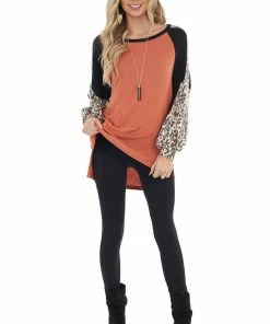 First Love Rust Leopard Print Colorblock Long Sleeve Loose Fit Top