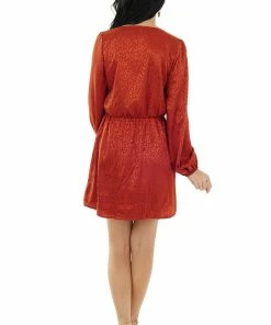 Peach Love Brick Leopard Print Surplice V Neck Short Dress Dresses