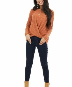 Les Amis Rust Long Sleeve Ribbed Top With Twisted Hem Detail