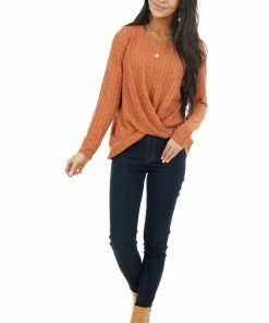 Les Amis Rust Long Sleeve Ribbed Top With Twisted Hem Detail