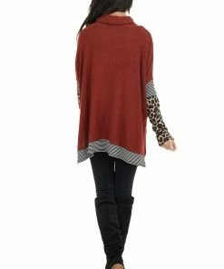 First Love Rust Multiprint Ribbed Long Sleeve Top With Cowl Neck Tops