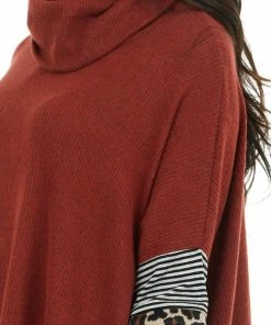 First Love Rust Multiprint Ribbed Long Sleeve Top With Cowl Neck Tops