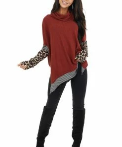 First Love Rust Multiprint Ribbed Long Sleeve Top With Cowl Neck Tops