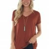 ANGIE Rust Oversized V Neck Short Sleeve Top