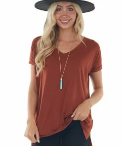 ANGIE Rust Oversized V Neck Short Sleeve Top