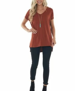 ANGIE Rust Oversized V Neck Short Sleeve Top