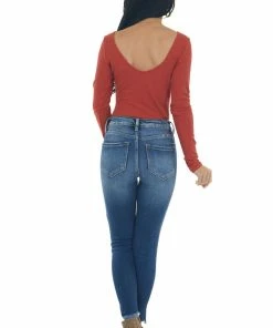 Heart & Hips Rust Stretchy Ribbed V Neck Fitted Bodysuit Tops 21 Heart & Hips Rust Stretchy Ribbed V Neck Fitted Bodysuit Tops