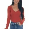 Heart & Hips Rust Stretchy Ribbed V Neck Fitted Bodysuit Tops