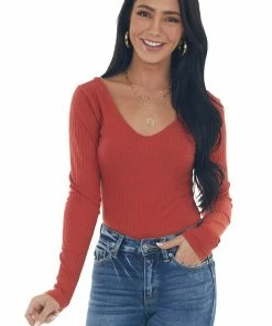 Heart & Hips Rust Stretchy Ribbed V Neck Fitted Bodysuit Tops