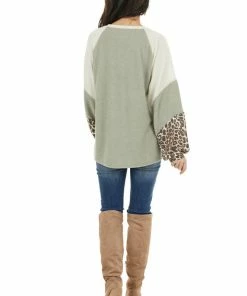 Cotton Bleu Sage And Cream Colorblock Top With Leopard Print Details Tops