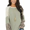 Cotton Bleu Sage And Cream Colorblock Top With Leopard Print Details Tops