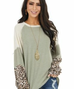 Cotton Bleu Sage And Cream Colorblock Top With Leopard Print Details Tops