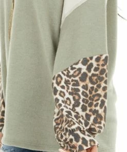 Cotton Bleu Sage And Cream Colorblock Top With Leopard Print Details Tops
