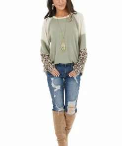 Cotton Bleu Sage And Cream Colorblock Top With Leopard Print Details Tops