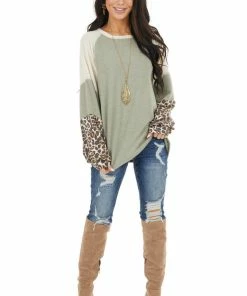 Cotton Bleu Sage And Cream Colorblock Top With Leopard Print Details Tops