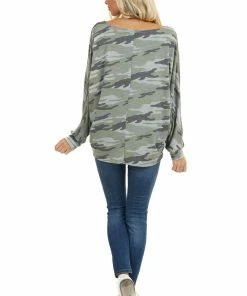 BiBi Sage And Grey Camo Knit Top With Long Dolman Sleeves 24 BiBi Sage And Grey Camo Knit Top With Long Dolman Sleeves