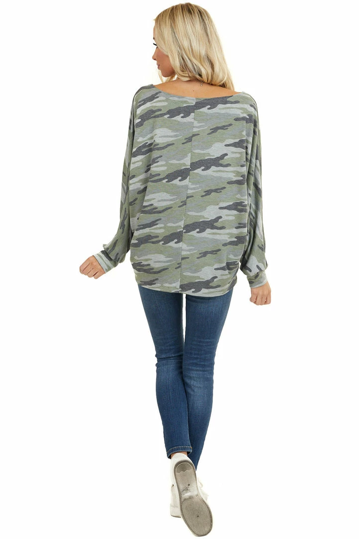BiBi Sage And Grey Camo Knit Top With Long Dolman Sleeves 9 BiBi Sage And Grey Camo Knit Top With Long Dolman Sleeves