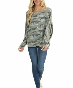 BiBi Sage And Grey Camo Knit Top With Long Dolman Sleeves 22 BiBi Sage And Grey Camo Knit Top With Long Dolman Sleeves
