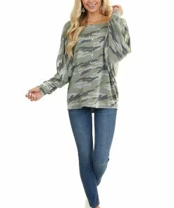 BiBi Sage And Grey Camo Knit Top With Long Dolman Sleeves 21 BiBi Sage And Grey Camo Knit Top With Long Dolman Sleeves