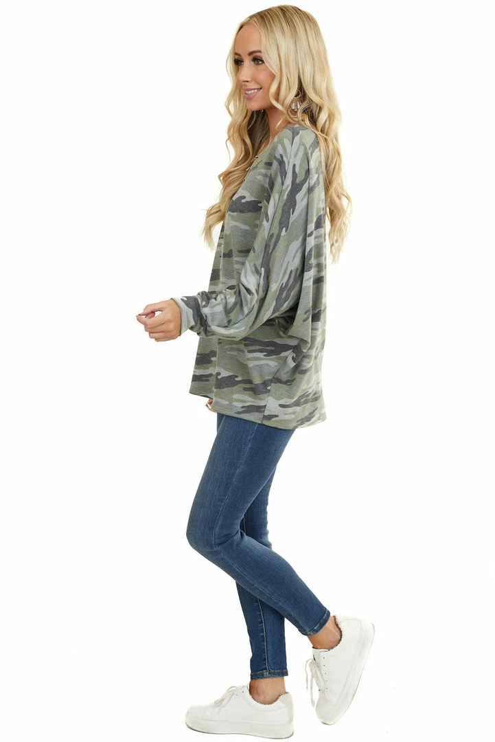 BiBi Sage And Grey Camo Knit Top With Long Dolman Sleeves 8 BiBi Sage And Grey Camo Knit Top With Long Dolman Sleeves