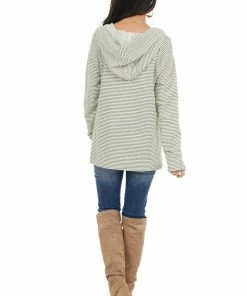 Cotton Bleu Tops Sage And Ivory Striped Long Sleeve Lightweight Hoodie