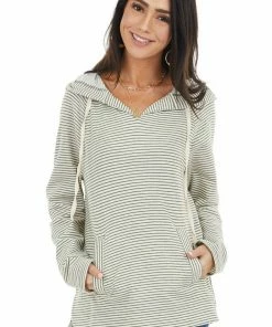 Cotton Bleu Tops Sage And Ivory Striped Long Sleeve Lightweight Hoodie
