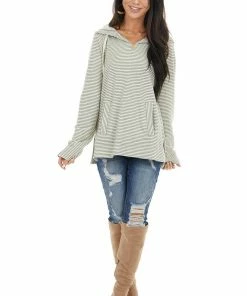 Cotton Bleu Tops Sage And Ivory Striped Long Sleeve Lightweight Hoodie