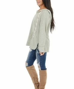 Cotton Bleu Tops Sage And Ivory Striped Long Sleeve Lightweight Hoodie