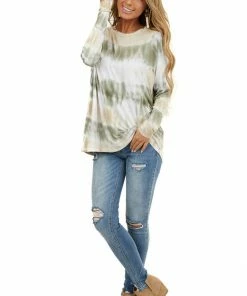 FSL APPAREL Sage And Oatmeal Tie Dye Soft Knit Top With Long Sleeves Tops 24 FSL APPAREL Sage And Oatmeal Tie Dye Soft Knit Top With Long Sleeves Tops