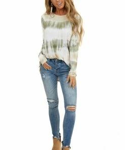FSL APPAREL Sage And Oatmeal Tie Dye Soft Knit Top With Long Sleeves Tops
