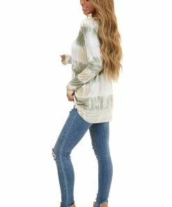 FSL APPAREL Sage And Oatmeal Tie Dye Soft Knit Top With Long Sleeves Tops 25 FSL APPAREL Sage And Oatmeal Tie Dye Soft Knit Top With Long Sleeves Tops