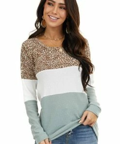 7th Ray Sage And White Color Block Waffle Knit Top With Long Sleeves Tops