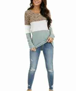7th Ray Sage And White Color Block Waffle Knit Top With Long Sleeves Tops