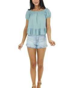 Ces Femme Tops Sage Boat Neckline Ribbed Knit Crop Top With Ruffles