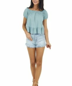 Ces Femme Tops Sage Boat Neckline Ribbed Knit Crop Top With Ruffles