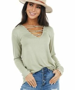 BiBi Sage Caged V Neck Stretchy Knit Top With Long Sleeves Tops