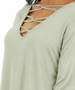 BiBi Sage Caged V Neck Stretchy Knit Top With Long Sleeves Tops