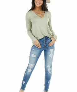 BiBi Sage Caged V Neck Stretchy Knit Top With Long Sleeves Tops