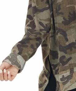 Jodifl Olive Camo Waffle Knit Long Sleeve Top With Side Slits Tops