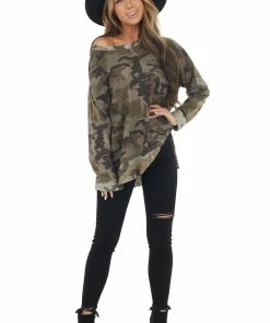 Jodifl Olive Camo Waffle Knit Long Sleeve Top With Side Slits Tops
