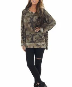 Jodifl Olive Camo Waffle Knit Long Sleeve Top With Side Slits Tops