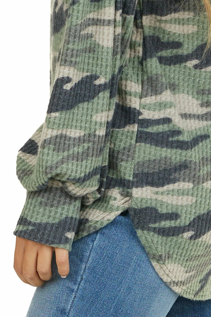 Wanna B Sage Camo Waffle Knit Top With Long Puff Sleeves Tops 10 Wanna B Sage Camo Waffle Knit Top With Long Puff Sleeves Tops