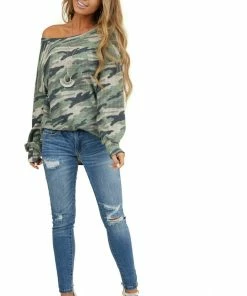 Wanna B Sage Camo Waffle Knit Top With Long Puff Sleeves Tops 20 Wanna B Sage Camo Waffle Knit Top With Long Puff Sleeves Tops