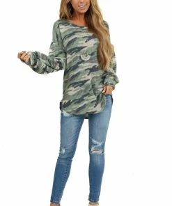 Wanna B Sage Camo Waffle Knit Top With Long Puff Sleeves Tops 22 Wanna B Sage Camo Waffle Knit Top With Long Puff Sleeves Tops