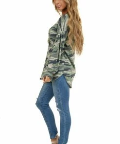Wanna B Sage Camo Waffle Knit Top With Long Puff Sleeves Tops 23 Wanna B Sage Camo Waffle Knit Top With Long Puff Sleeves Tops