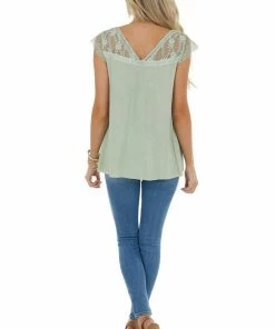 POL Clothing Sage Cap Sleeve Loose Knit Top With Crochet Lace Detail Tops
