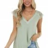 POL Clothing Sage Cap Sleeve Loose Knit Top With Crochet Lace Detail Tops